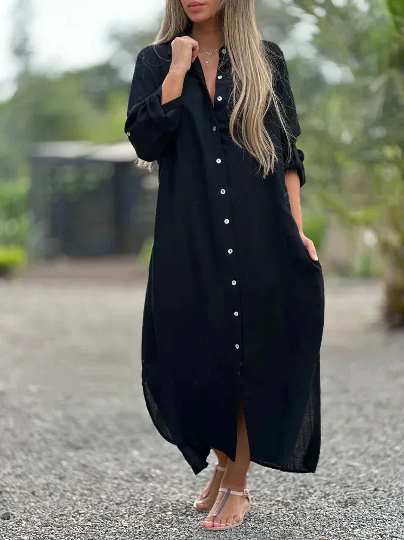 Women's Linen Fashion Designer 5XL Shirt Long Dresses (Plus Size)