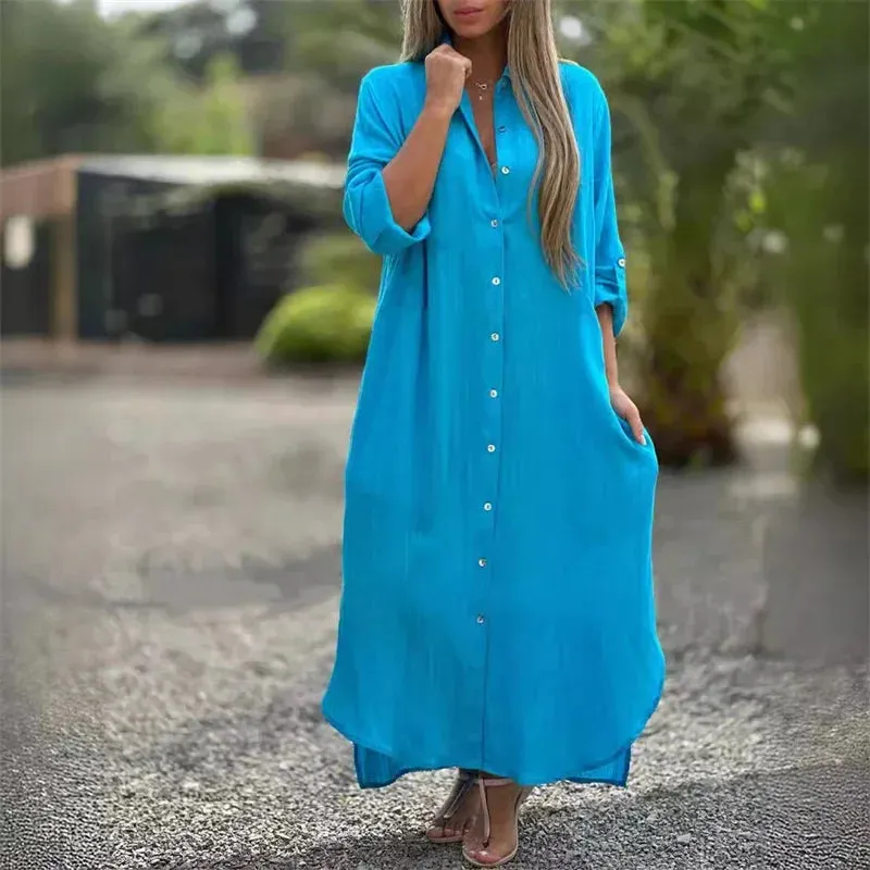 Women's Linen Fashion Designer 5XL Shirt Long Dresses (Plus Size)