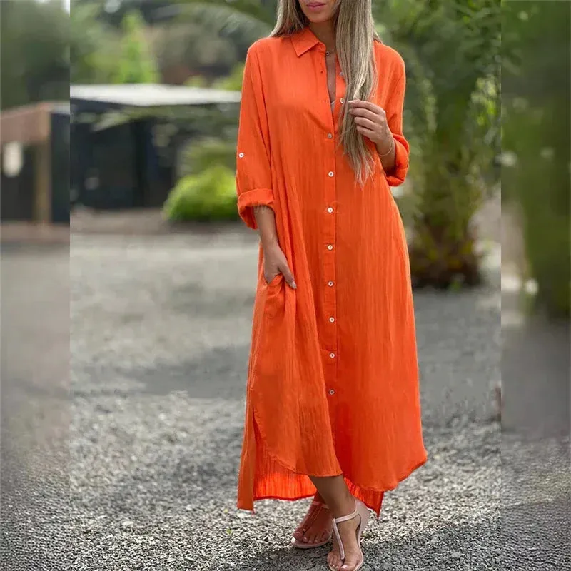 Women's Linen Fashion Designer 5XL Shirt Long Dresses (Plus Size)