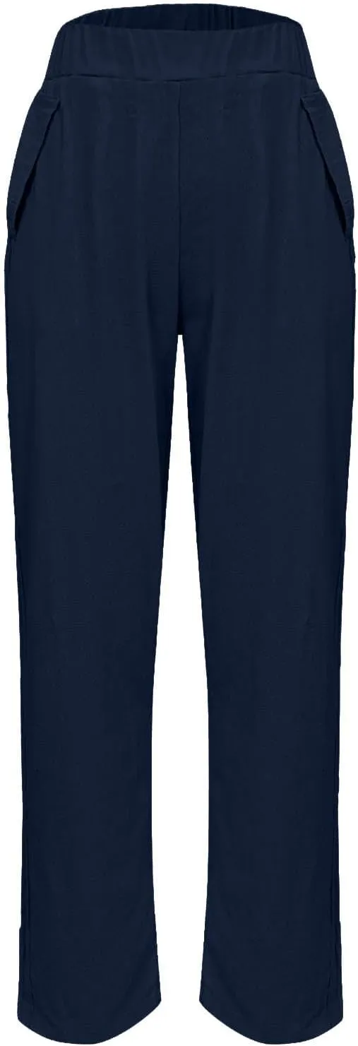 Womens Linen Pants with Pockets Elastic High Waisted Cotton Pants Straight Wide Leg Pants Petite Casual Comfy Trousers