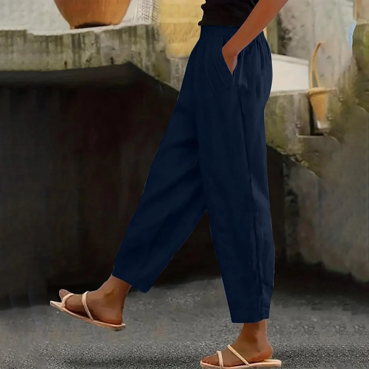 Womens Linen Pants with Pockets Elastic High Waisted Cotton Pants Straight Wide Leg Pants Petite Casual Comfy Trousers