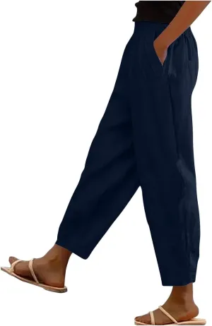 Womens Linen Pants with Pockets Elastic High Waisted Cotton Pants Straight Wide Leg Pants Petite Casual Comfy Trousers