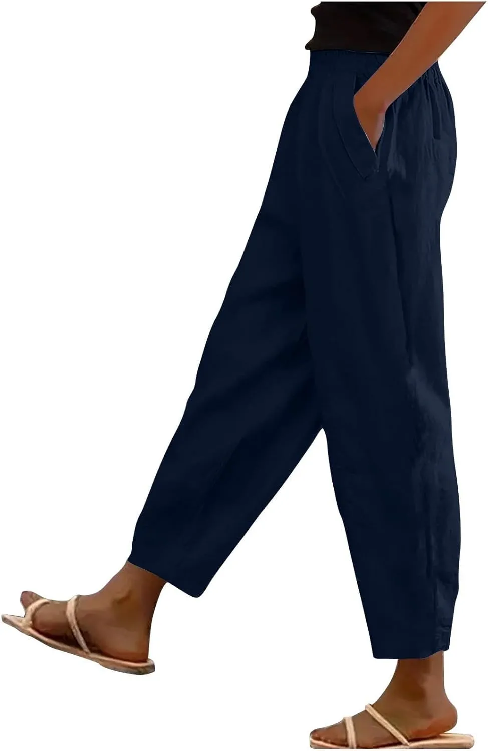 Womens Linen Pants with Pockets Elastic High Waisted Cotton Pants Straight Wide Leg Pants Petite Casual Comfy Trousers