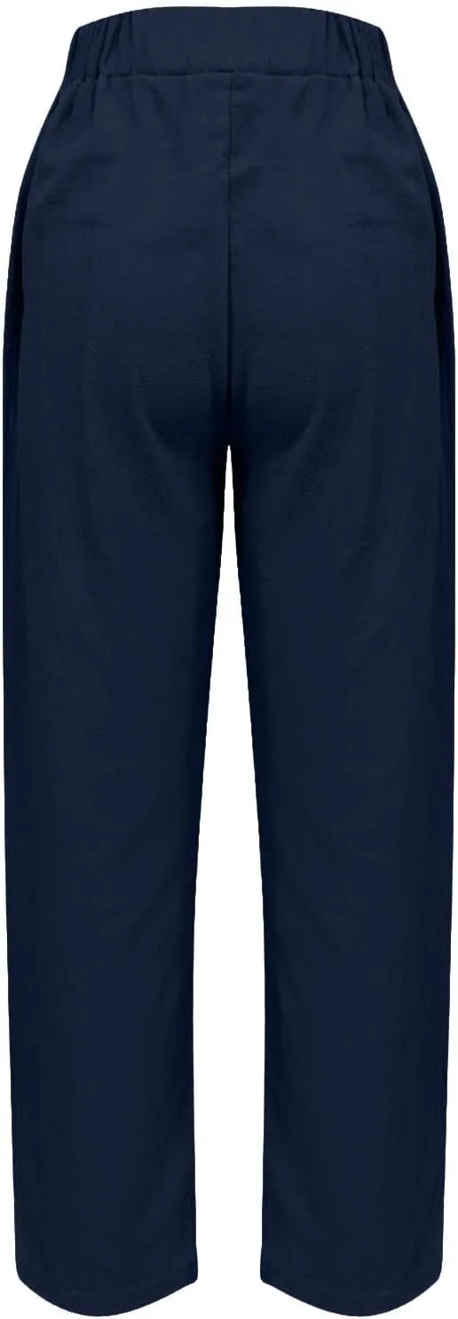 Womens Linen Pants with Pockets Elastic High Waisted Cotton Pants Straight Wide Leg Pants Petite Casual Comfy Trousers