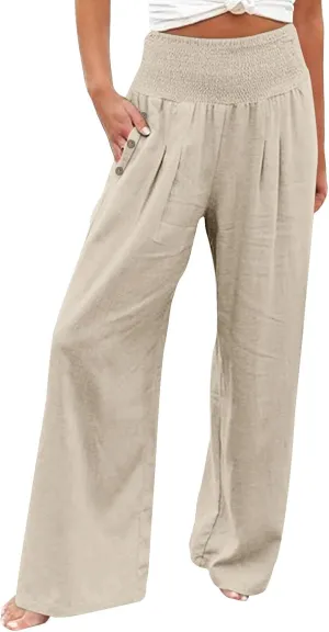 Womens Linen Wide Leg Pants Women's Summer Wide Leg Palazzo Pants Summer Boho Bagyy High Smocked Waist Casual Loose