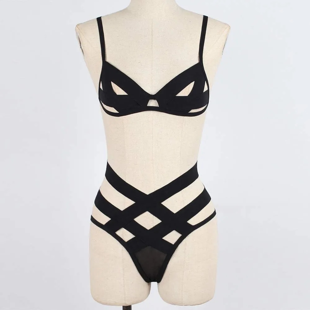 Womens Lingerie Corset Sexy Hollow Bandage Bra and Panty Sets Bralette High Waist Briefs Underwear Sleepwear Clubwear