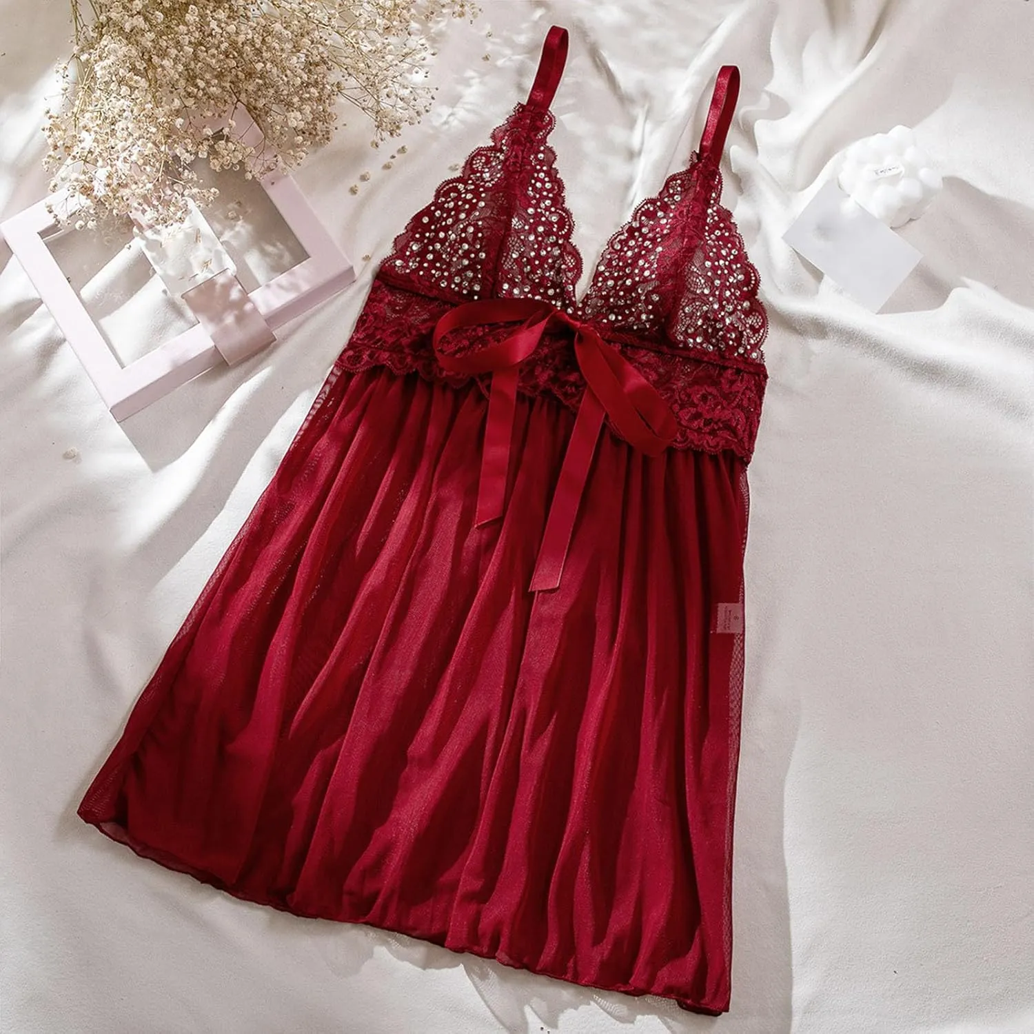 Women's Lingerie Sexy Bow Front Lace Babydoll Sheer Mesh See Through Nightgown Chemise Boudoir Nighty Sleepwear