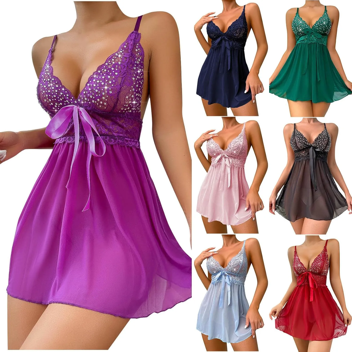 Women's Lingerie Sexy Bow Front Lace Babydoll Sheer Mesh See Through Nightgown Chemise Boudoir Nighty Sleepwear