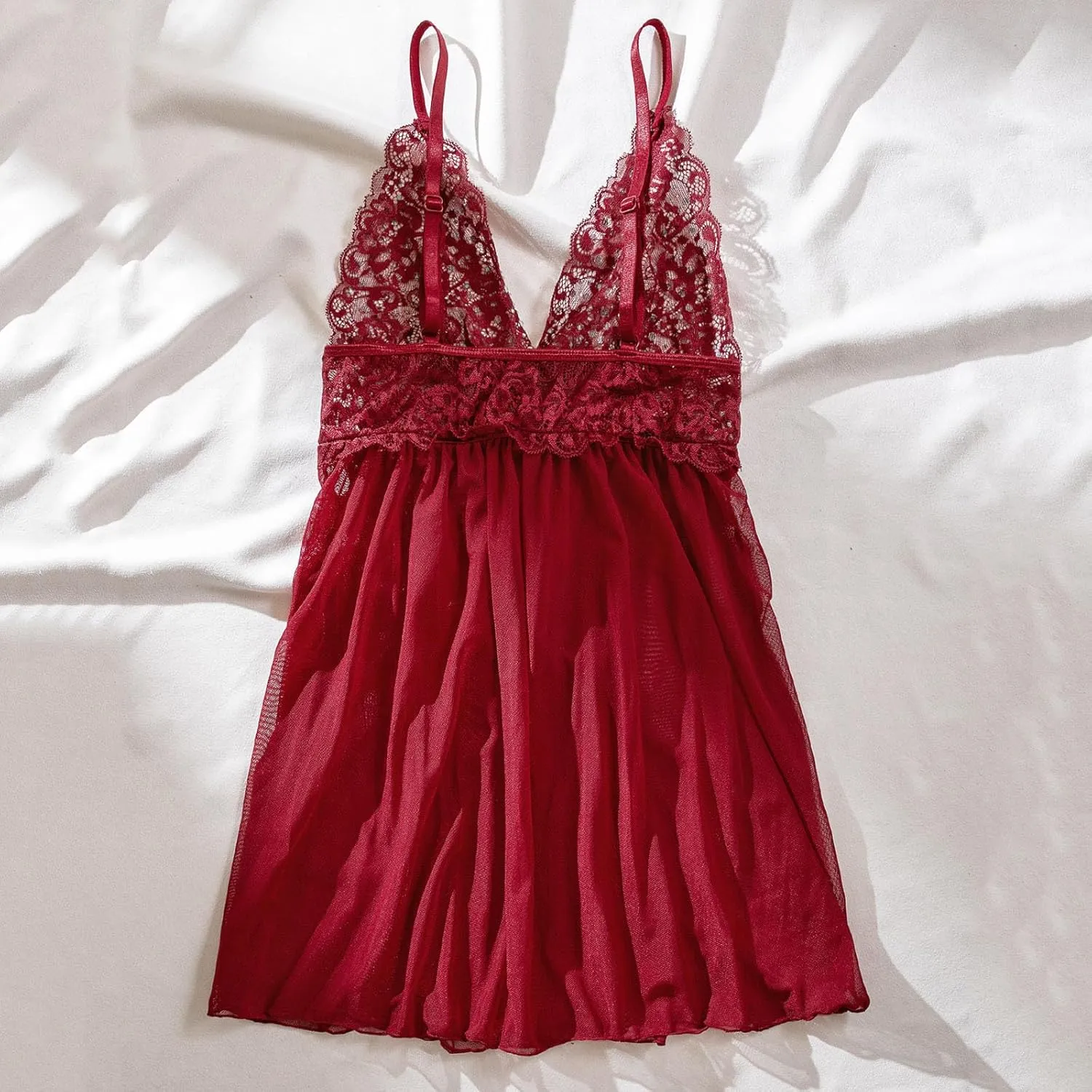 Women's Lingerie Sexy Bow Front Lace Babydoll Sheer Mesh See Through Nightgown Chemise Boudoir Nighty Sleepwear