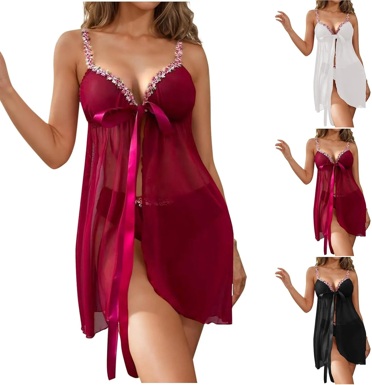 Women's Lingerie Sexy Bow Lace Babydoll Open Front Mesh Nightgown Chemise Boudoir Nighty Sleepwear with Panty
