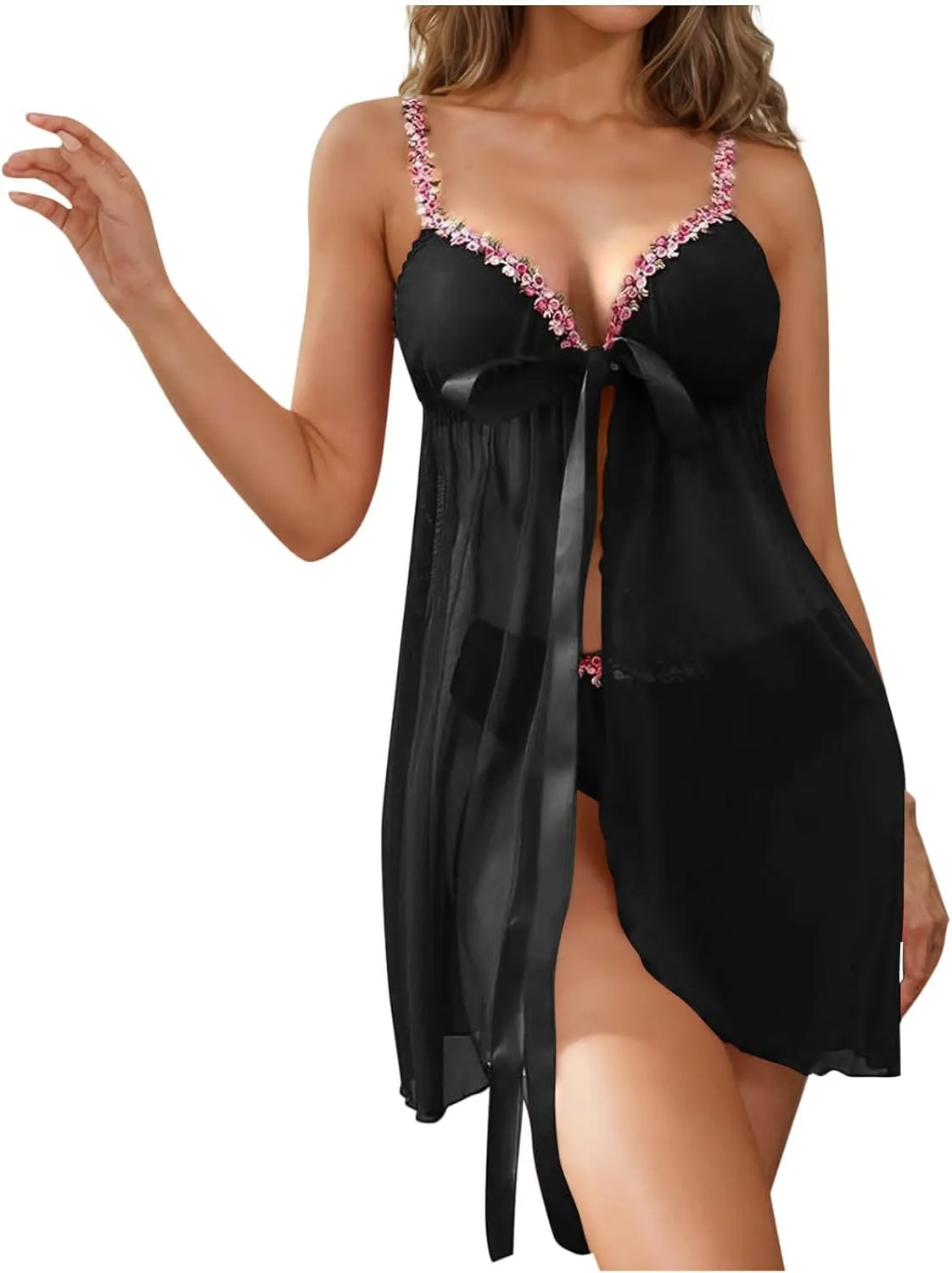Women's Lingerie Sexy Bow Lace Babydoll Open Front Mesh Nightgown Chemise Boudoir Nighty Sleepwear with Panty