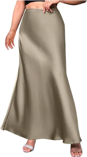 Women's Long Satin Skirt with Zipper High Waisted Flared Casual A Line Maxi Silk Skirts Party Wedding Dress