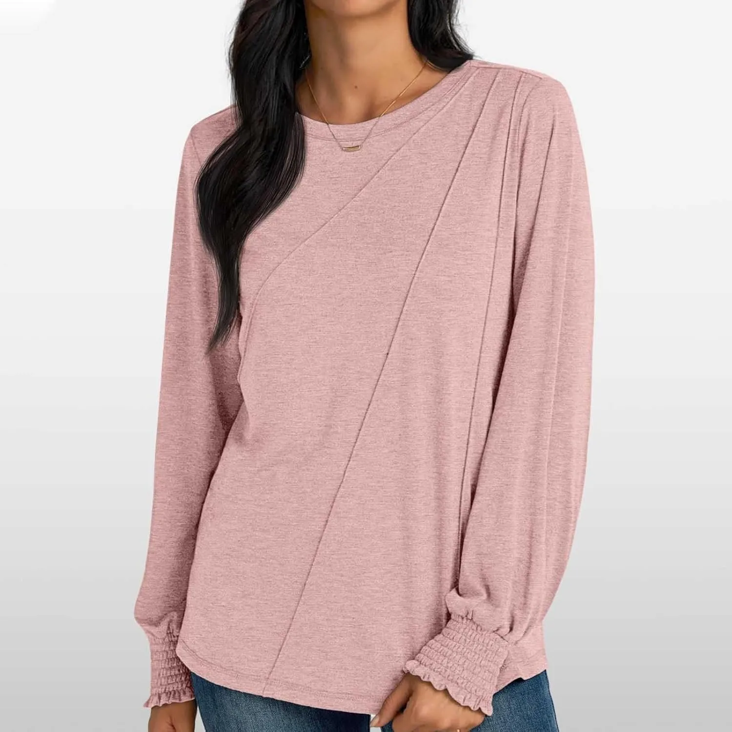 Womens Long Sleeve Shirts Fashion Crewneck Pleated Blouse Dressy Casual Tops Plus Size T Shirt 2024 Fall Trendy Clothes