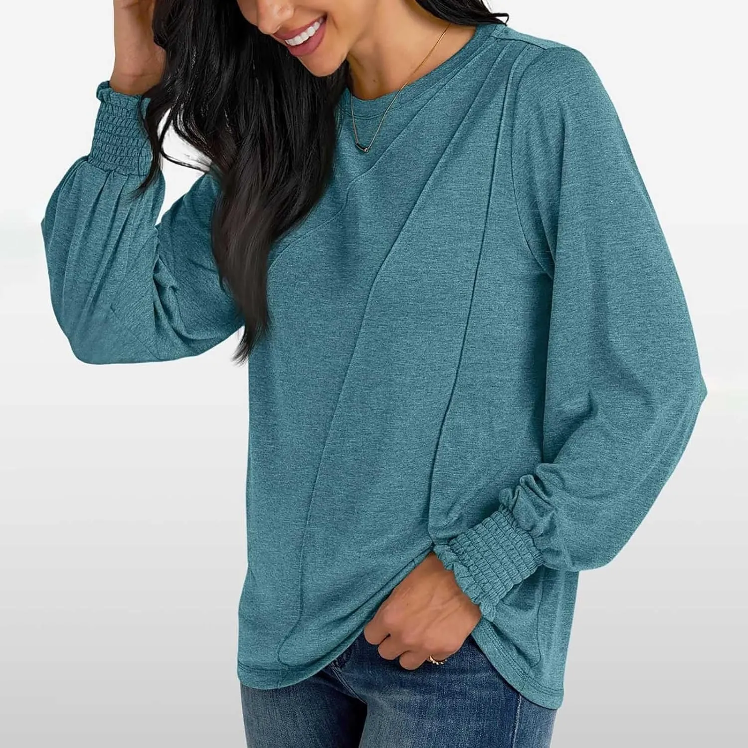 Womens Long Sleeve Shirts Fashion Crewneck Pleated Blouse Dressy Casual Tops Plus Size T Shirt 2024 Fall Trendy Clothes