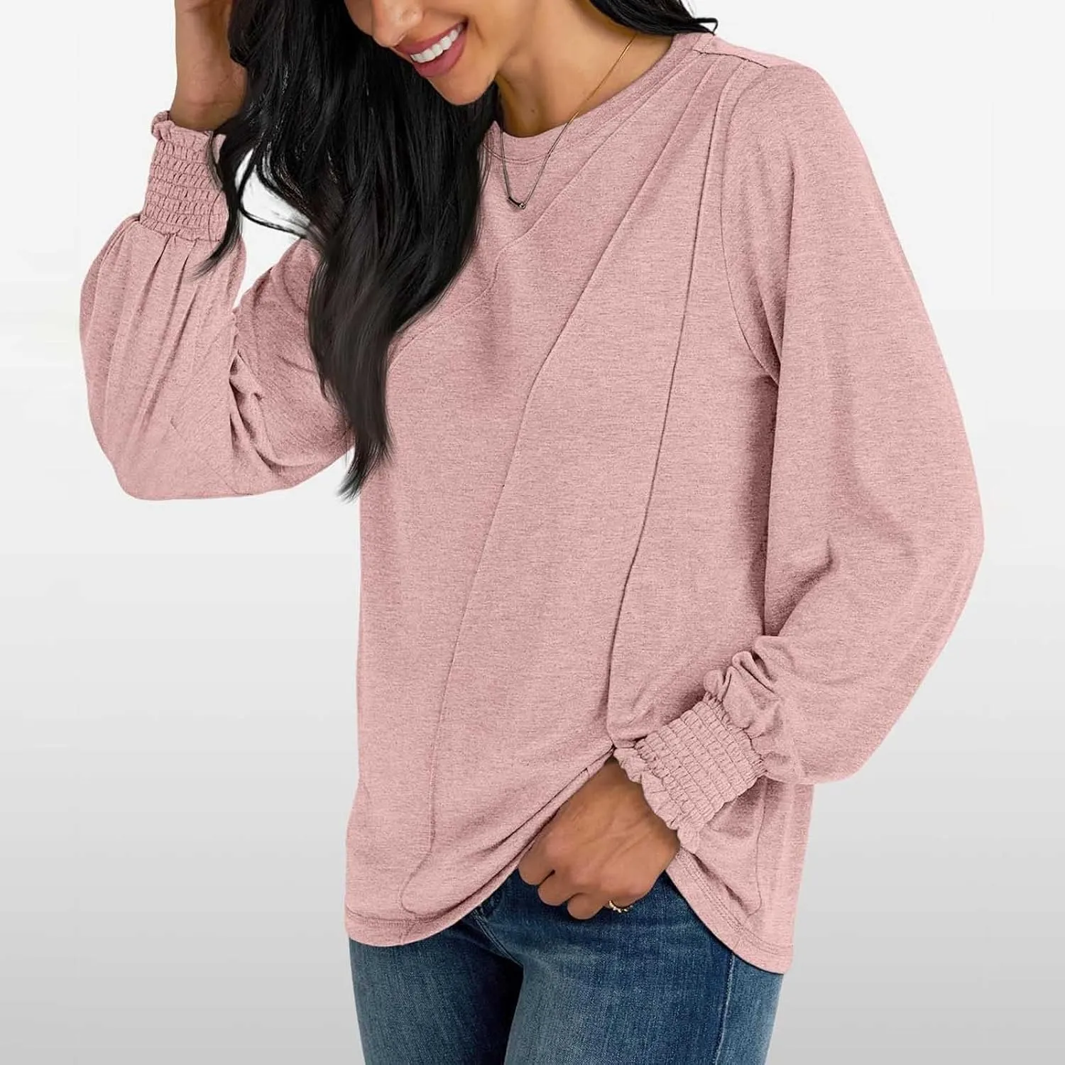 Womens Long Sleeve Shirts Fashion Crewneck Pleated Blouse Dressy Casual Tops Plus Size T Shirt 2024 Fall Trendy Clothes
