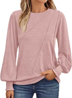 Womens Long Sleeve Shirts Fashion Crewneck Pleated Blouse Dressy Casual Tops Plus Size T Shirt 2024 Fall Trendy Clothes