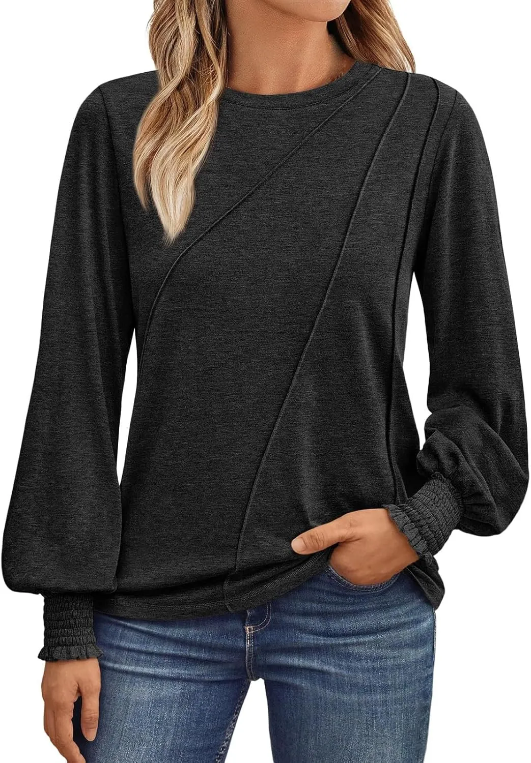 Womens Long Sleeve Shirts Fashion Crewneck Pleated Blouse Dressy Casual Tops Plus Size T Shirt 2024 Fall Trendy Clothes