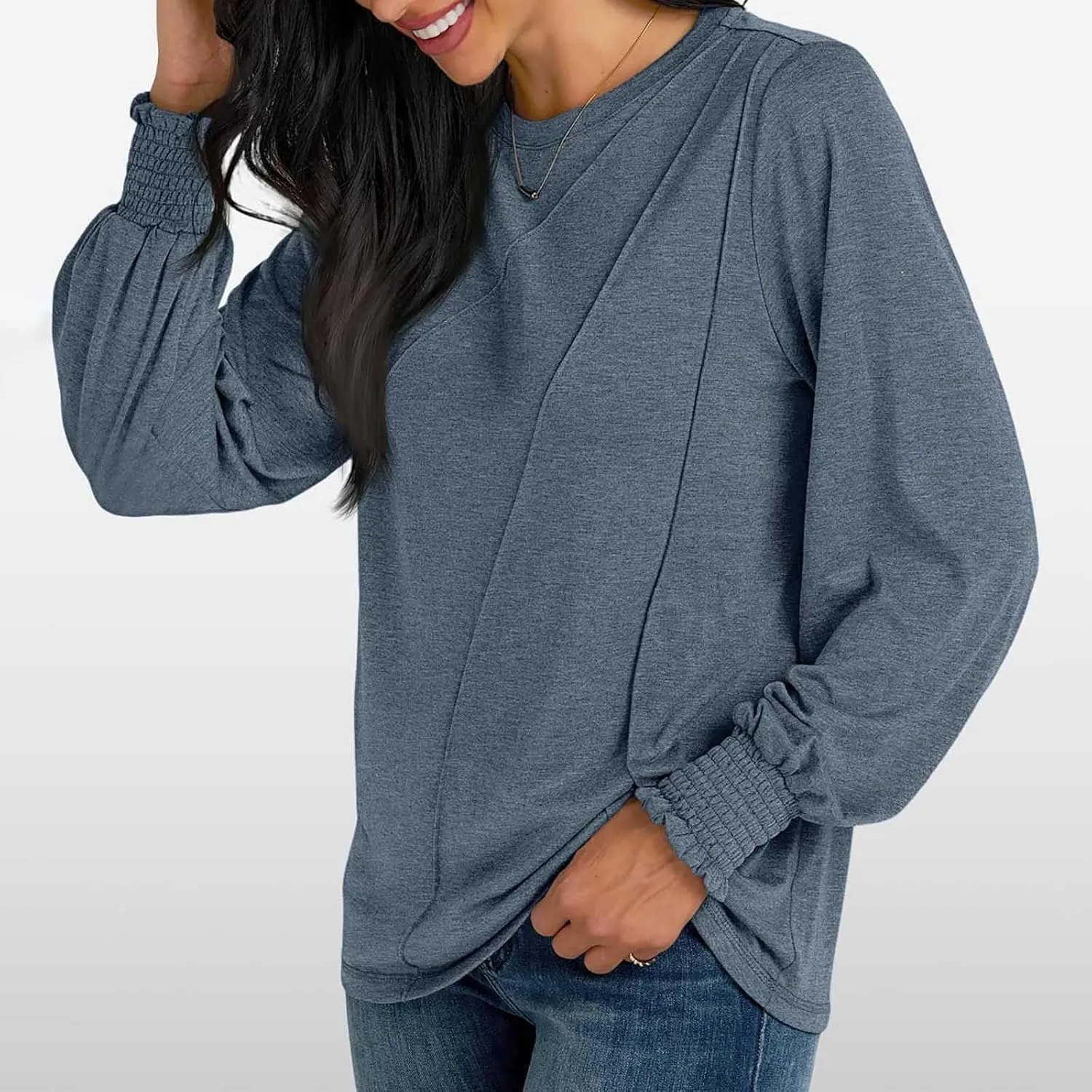 Womens Long Sleeve Shirts Fashion Crewneck Pleated Blouse Dressy Casual Tops Plus Size T Shirt 2024 Fall Trendy Clothes