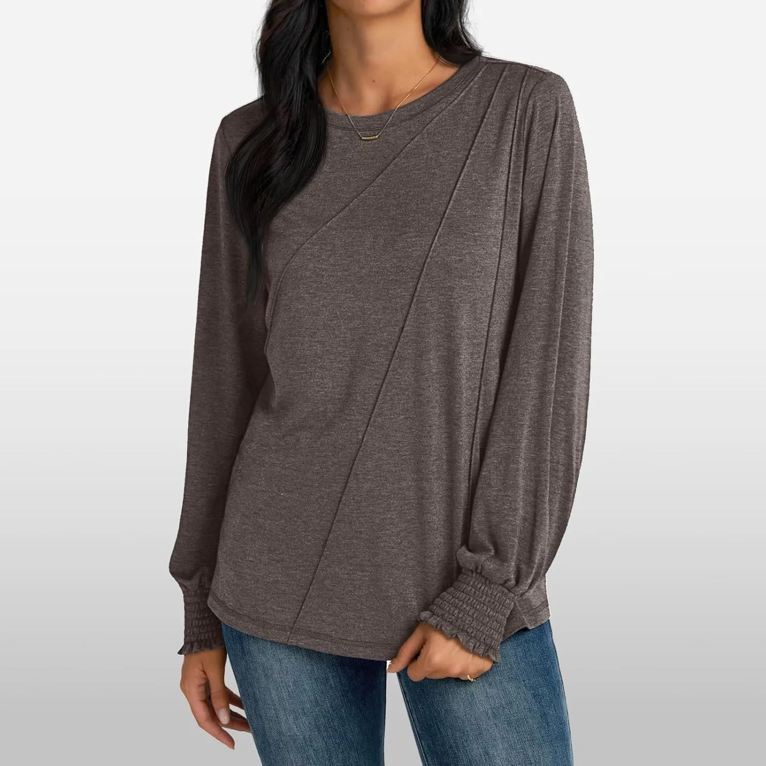 Womens Long Sleeve Shirts Fashion Crewneck Pleated Blouse Dressy Casual Tops Plus Size T Shirt 2024 Fall Trendy Clothes