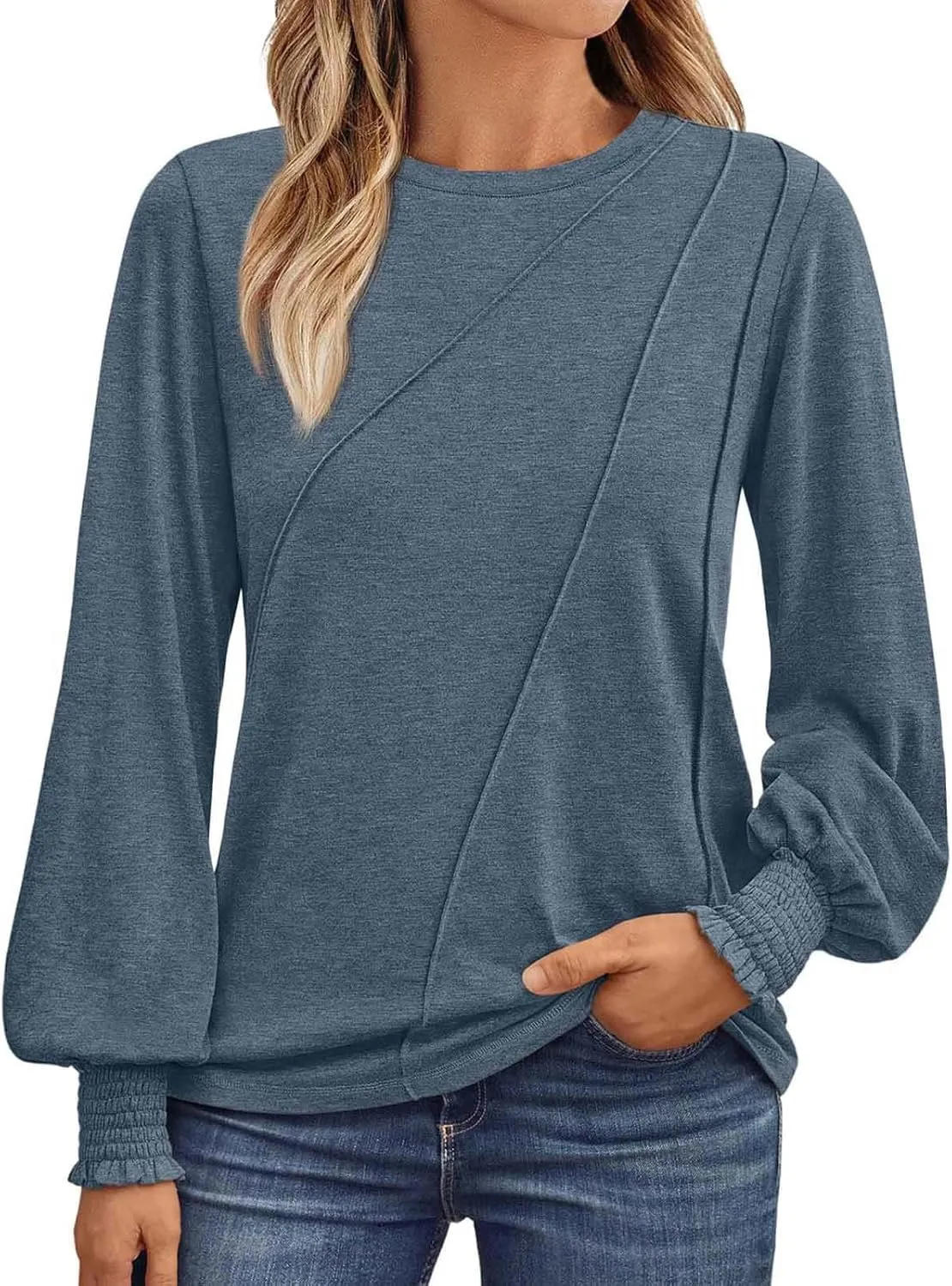 Womens Long Sleeve Shirts Fashion Crewneck Pleated Blouse Dressy Casual Tops Plus Size T Shirt 2024 Fall Trendy Clothes