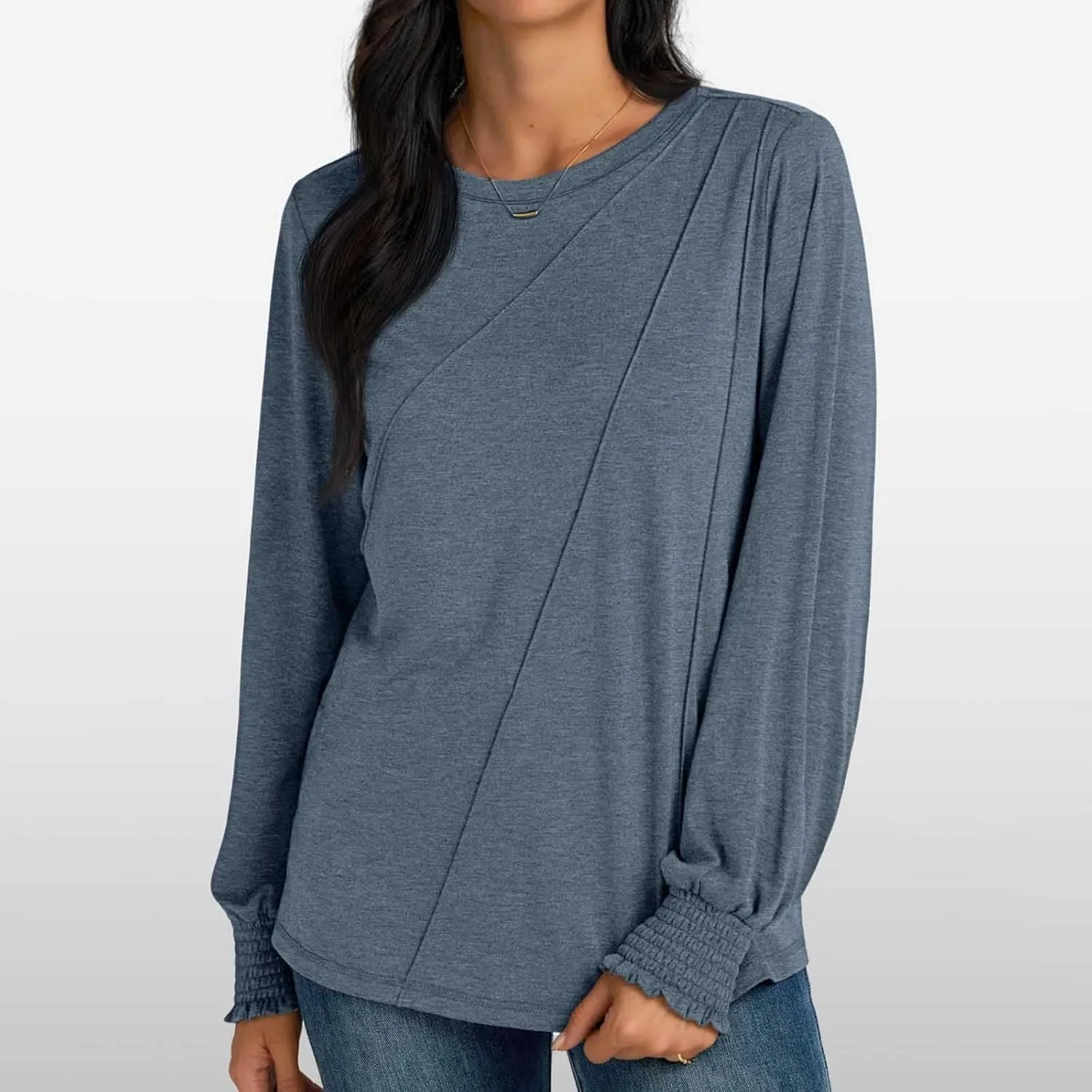 Womens Long Sleeve Shirts Fashion Crewneck Pleated Blouse Dressy Casual Tops Plus Size T Shirt 2024 Fall Trendy Clothes