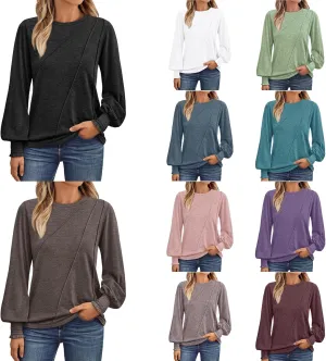 Womens Long Sleeve Shirts Fashion Crewneck Pleated Blouse Dressy Casual Tops Plus Size T Shirt 2024 Fall Trendy Clothes