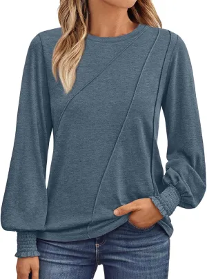 Womens Long Sleeve Shirts Fashion Crewneck Pleated Blouse Dressy Casual Tops Plus Size T Shirt 2024 Fall Trendy Clothes