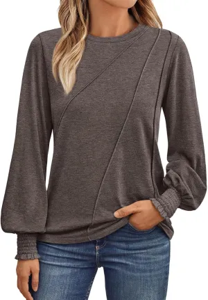 Womens Long Sleeve Shirts Fashion Crewneck Pleated Blouse Dressy Casual Tops Plus Size T Shirt 2024 Fall Trendy Clothes