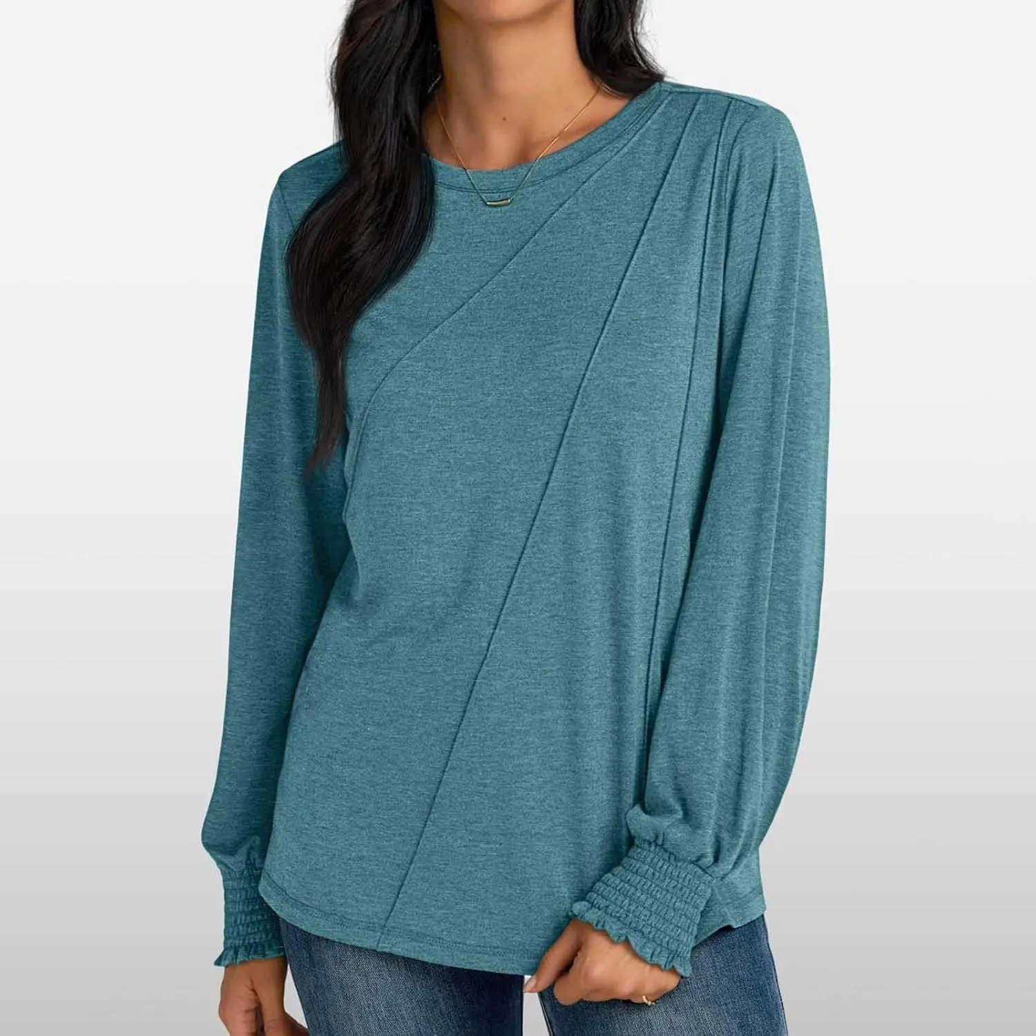 Womens Long Sleeve Shirts Fashion Crewneck Pleated Blouse Dressy Casual Tops Plus Size T Shirt 2024 Fall Trendy Clothes