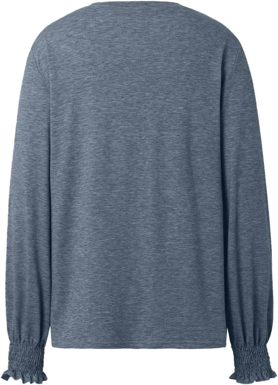 Womens Long Sleeve Shirts Fashion Crewneck Pleated Blouse Dressy Casual Tops Plus Size T Shirt 2024 Fall Trendy Clothes