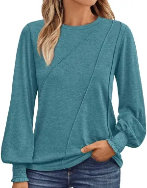 Womens Long Sleeve Shirts Fashion Crewneck Pleated Blouse Dressy Casual Tops Plus Size T Shirt 2024 Fall Trendy Clothes