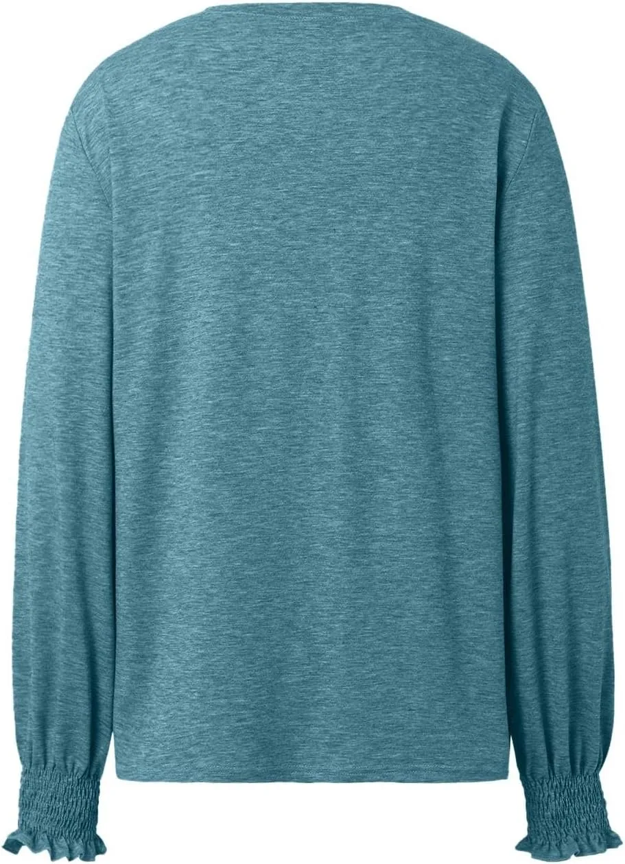 Womens Long Sleeve Shirts Fashion Crewneck Pleated Blouse Dressy Casual Tops Plus Size T Shirt 2024 Fall Trendy Clothes