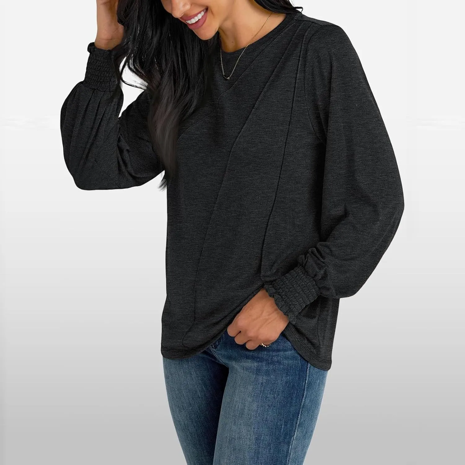 Womens Long Sleeve Shirts Fashion Crewneck Pleated Blouse Dressy Casual Tops Plus Size T Shirt 2024 Fall Trendy Clothes