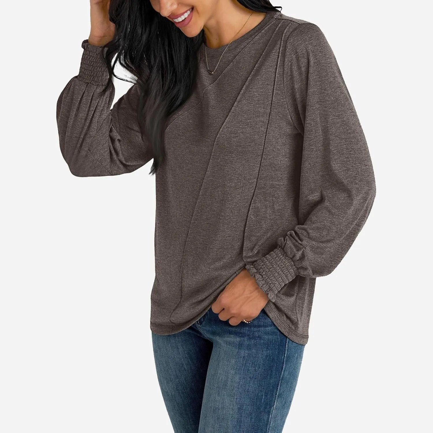 Womens Long Sleeve Shirts Fashion Crewneck Pleated Blouse Dressy Casual Tops Plus Size T Shirt 2024 Fall Trendy Clothes