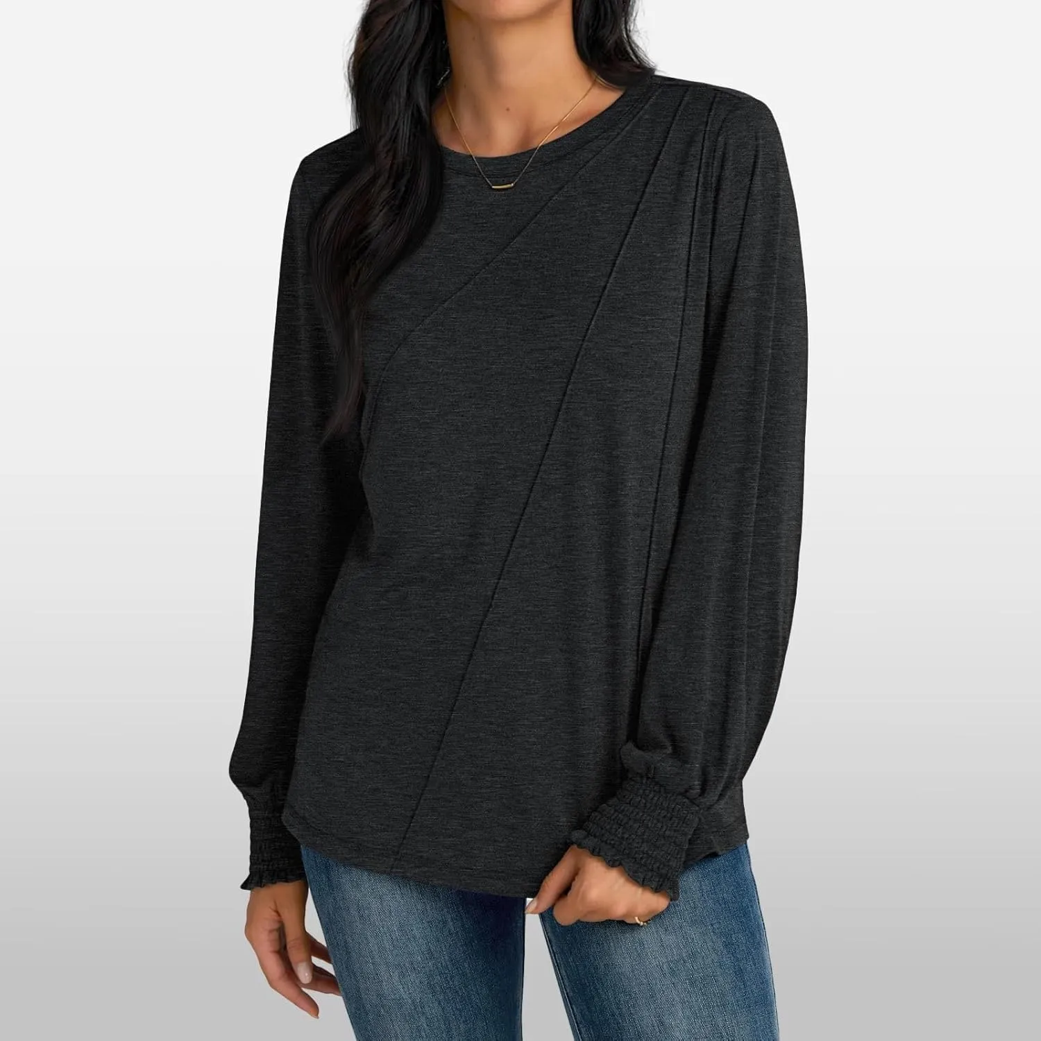 Womens Long Sleeve Shirts Fashion Crewneck Pleated Blouse Dressy Casual Tops Plus Size T Shirt 2024 Fall Trendy Clothes