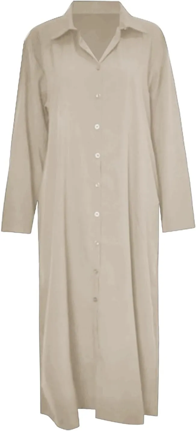 Women's Maxi Dresses Summer Long Sleeeve Button Down Formal Dress Plus Size Loose Casual Long Shirt Dress with Pocket
