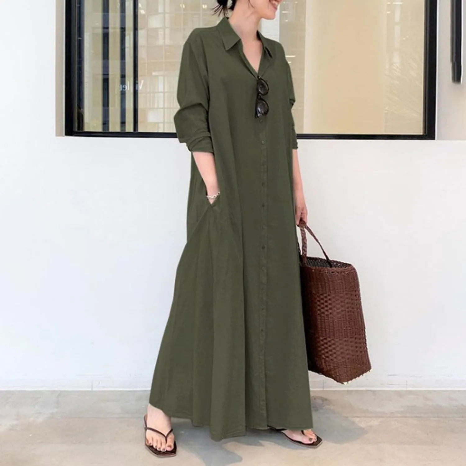 Women's Maxi Dresses Summer Long Sleeeve Button Down Formal Dress Plus Size Loose Casual Long Shirt Dress with Pocket