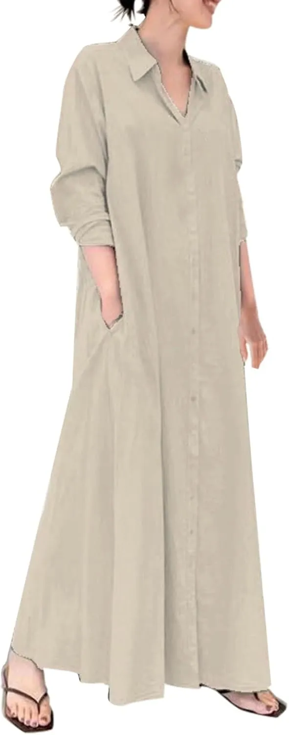Women's Maxi Dresses Summer Long Sleeeve Button Down Formal Dress Plus Size Loose Casual Long Shirt Dress with Pocket