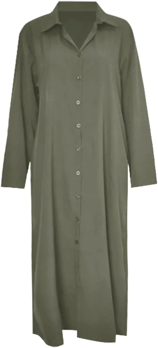 Women's Maxi Dresses Summer Long Sleeeve Button Down Formal Dress Plus Size Loose Casual Long Shirt Dress with Pocket