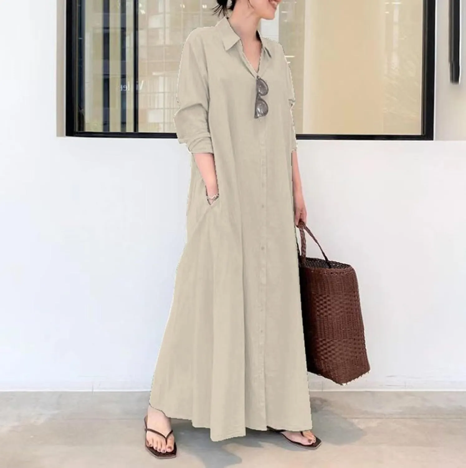 Women's Maxi Dresses Summer Long Sleeeve Button Down Formal Dress Plus Size Loose Casual Long Shirt Dress with Pocket