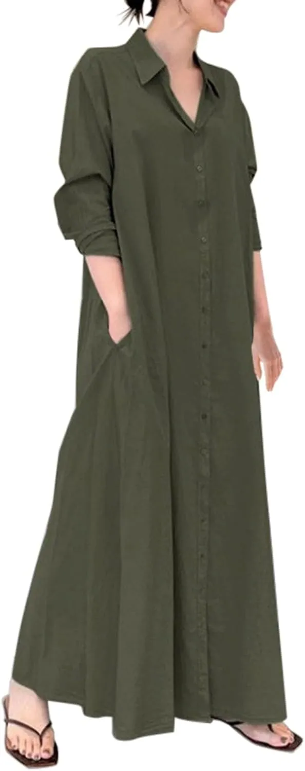 Women's Maxi Dresses Summer Long Sleeeve Button Down Formal Dress Plus Size Loose Casual Long Shirt Dress with Pocket