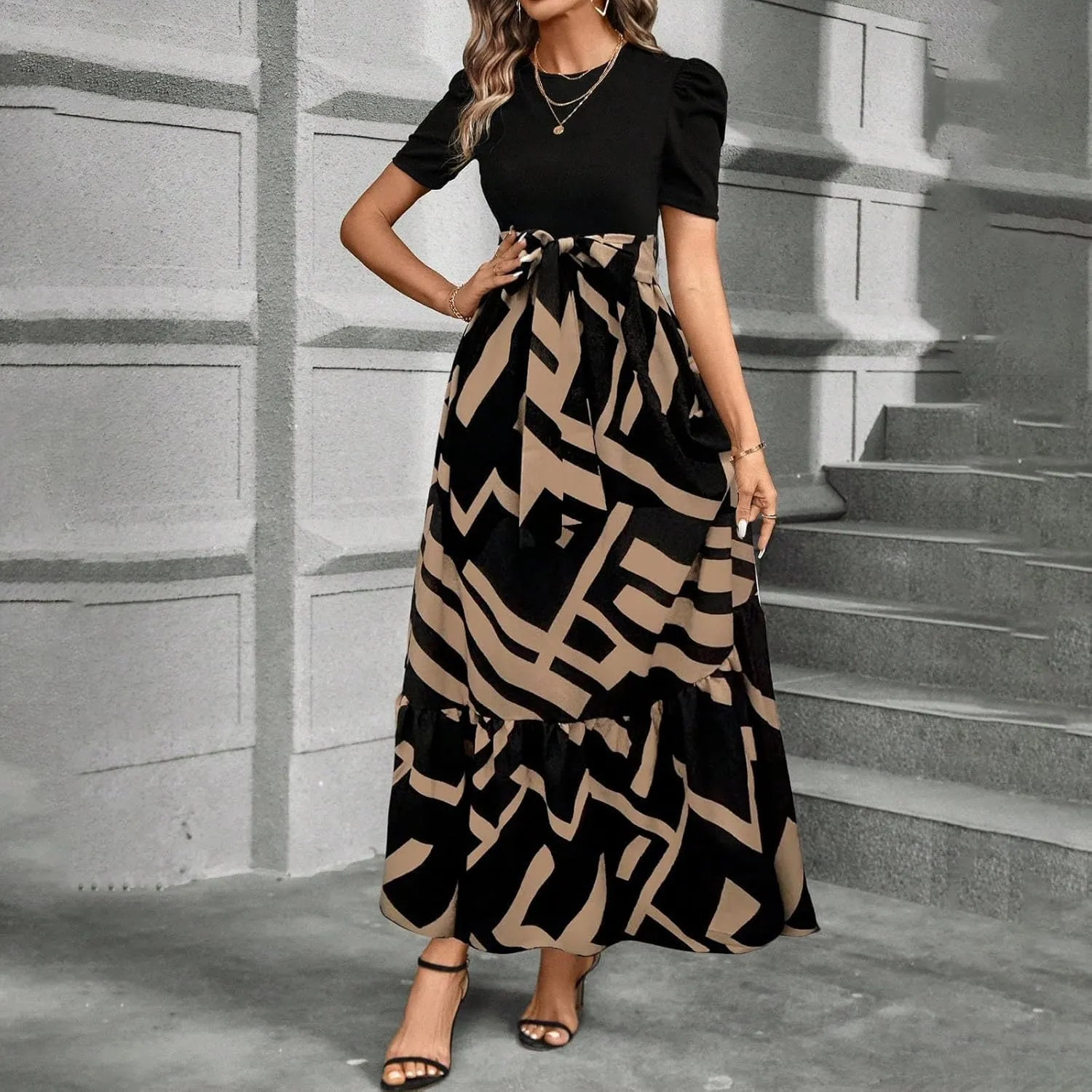 Womens Maxi Floral Dresses 2025 Elegant Boho Patchwork Empire Waist Tie Belted Short Sleeve Wedding Guest Long Dress