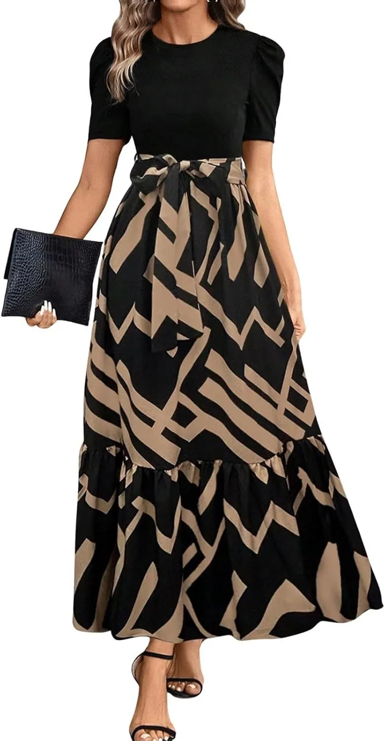 Womens Maxi Floral Dresses 2025 Elegant Boho Patchwork Empire Waist Tie Belted Short Sleeve Wedding Guest Long Dress