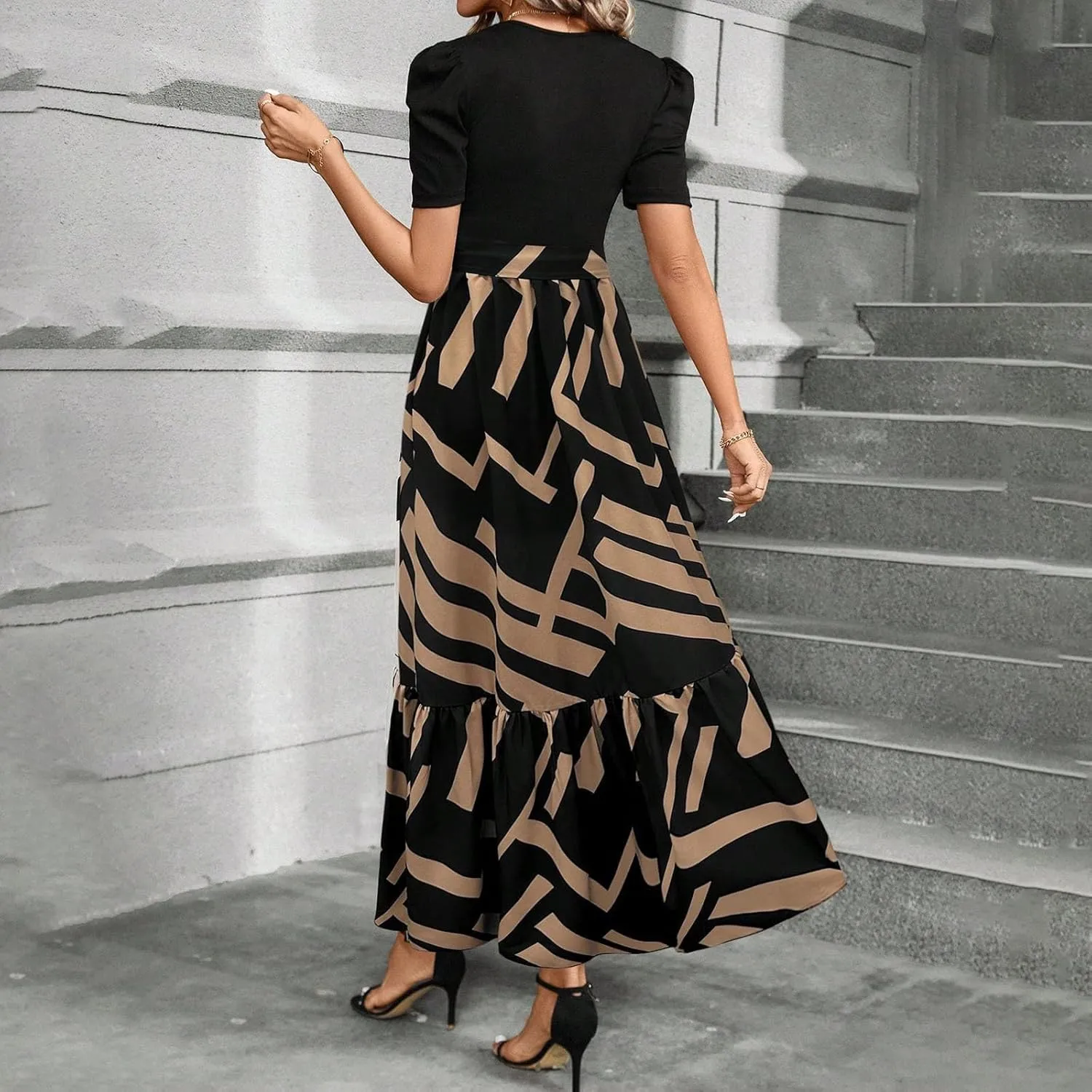 Womens Maxi Floral Dresses 2025 Elegant Boho Patchwork Empire Waist Tie Belted Short Sleeve Wedding Guest Long Dress