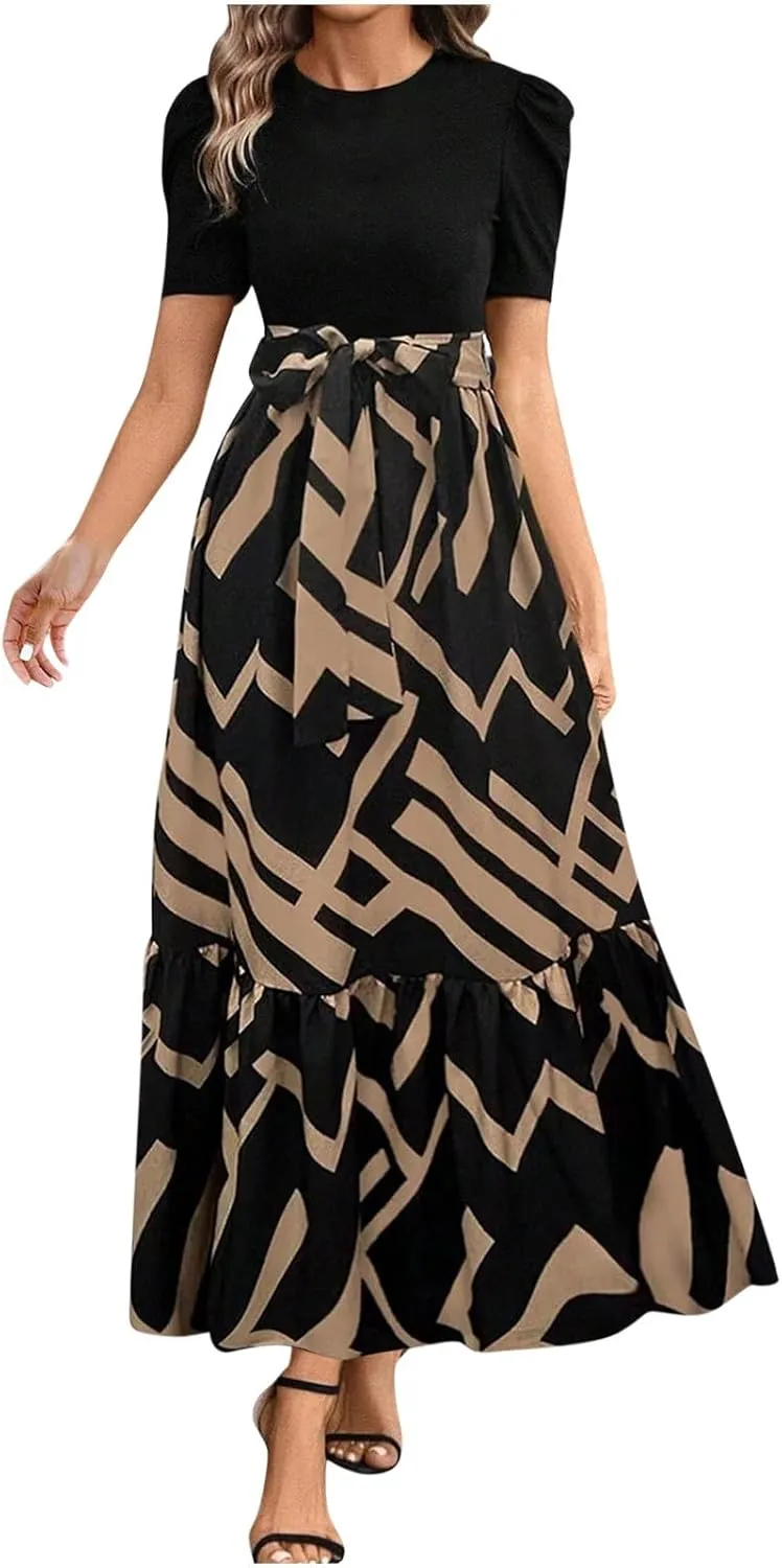 Womens Maxi Floral Dresses 2025 Elegant Boho Patchwork Empire Waist Tie Belted Short Sleeve Wedding Guest Long Dress