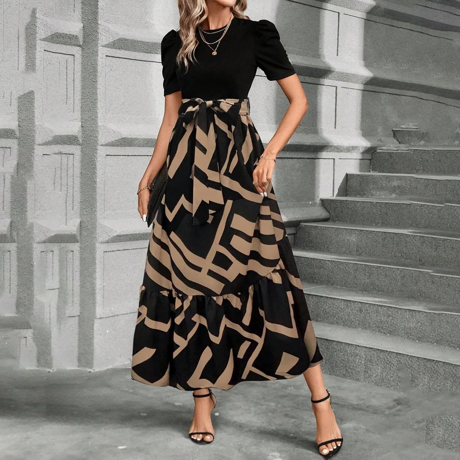 Womens Maxi Floral Dresses 2025 Elegant Boho Patchwork Empire Waist Tie Belted Short Sleeve Wedding Guest Long Dress