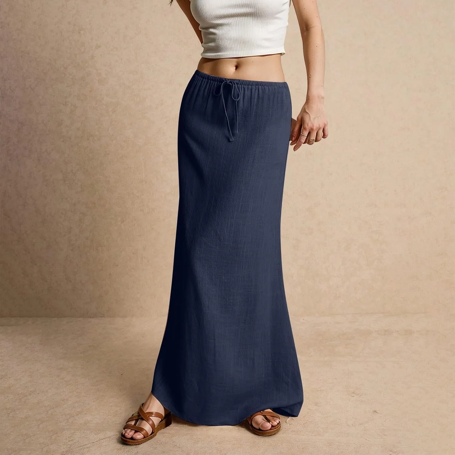 Womens Maxi Skirt Drawstring Waist Boho Long Slim Low Rise Cotton Linen A Line Cute Beach Vacation Flowy Skirt