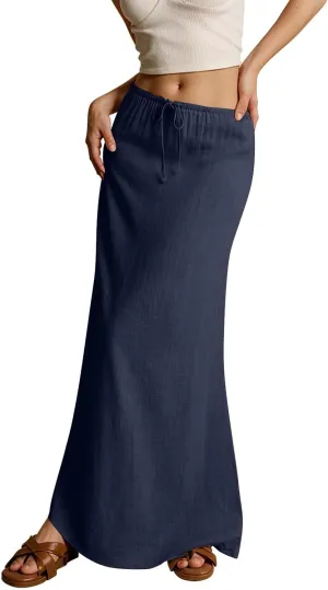 Womens Maxi Skirt Drawstring Waist Boho Long Slim Low Rise Cotton Linen A Line Cute Beach Vacation Flowy Skirt