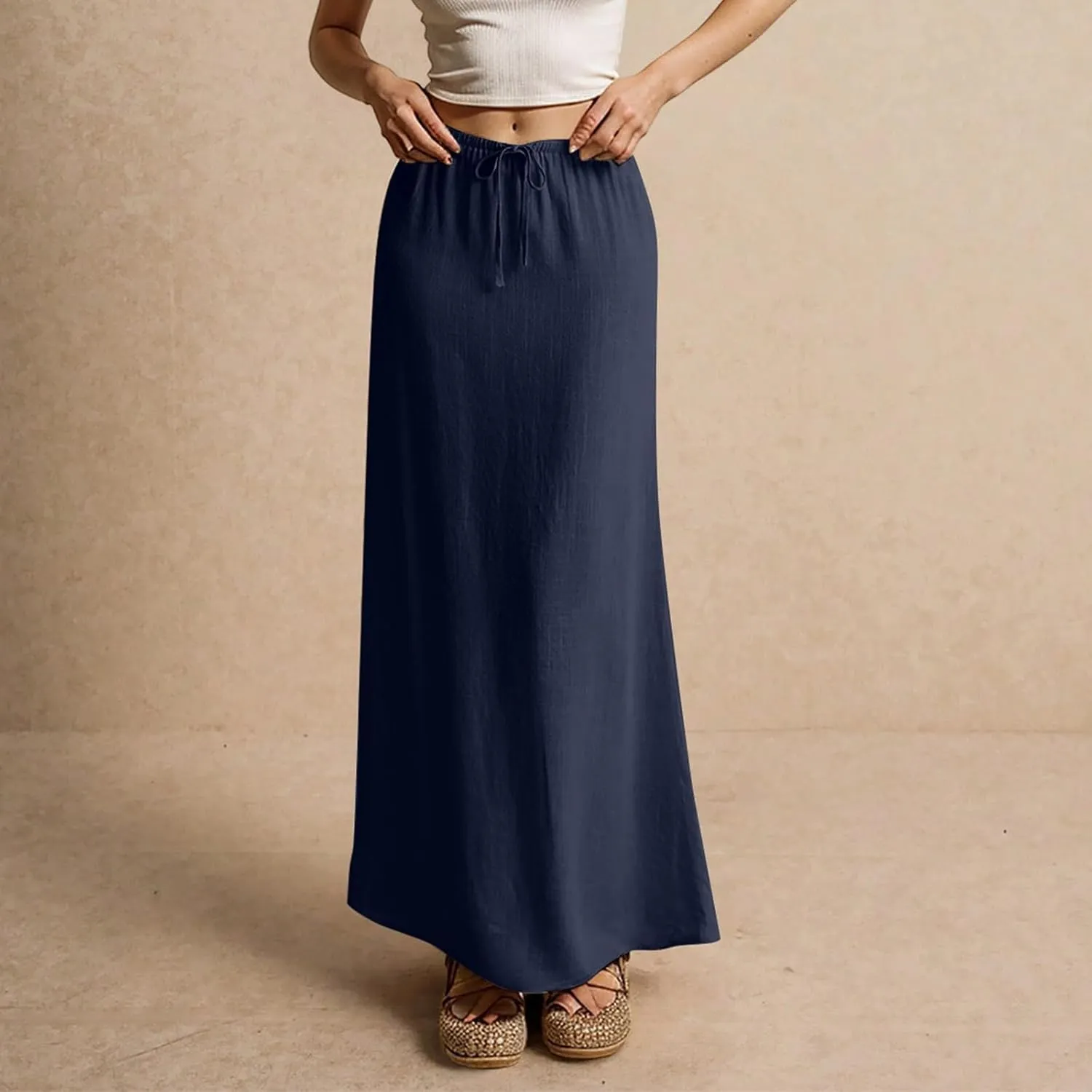 Womens Maxi Skirt Drawstring Waist Boho Long Slim Low Rise Cotton Linen A Line Cute Beach Vacation Flowy Skirt