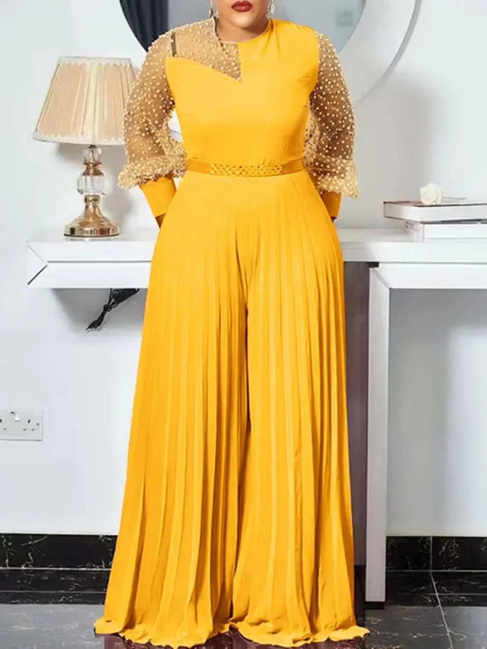 Women's Mesh Patchwork Fashion Designer Jumpsuits (Plus Size)